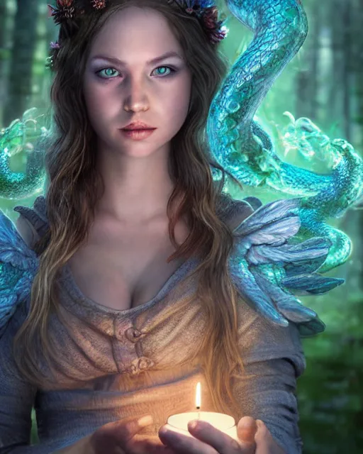 Image similar to portrait high definition photograph cute girl holding a candle fantasy character art, hyper realistic, pretty face, hyperrealism, iridescence water elemental, snake skin armor forest dryad, woody foliage, 8 k dop dof hdr fantasy character art, by aleski briclot and alexander'hollllow'fedosav and laura zalenga