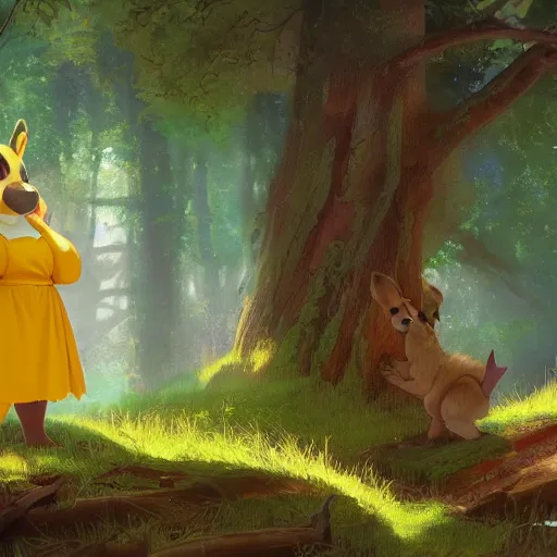 Image similar to concept art painting of an anthropomorphic chubby doe wearing yellow robes, in the deep forest, realistic, detailed, cel shaded, in the style of makoto shinkai and greg rutkowski and james gurney