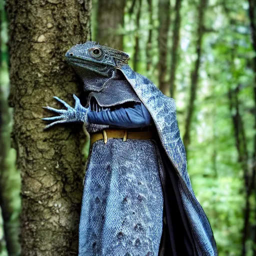 Image similar to medieval cloak wearing anthro lizard, photograph captured in the woods