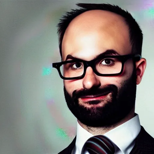 Image similar to Michael Stevens from Vsauce as the American Psycho, sweating profusely