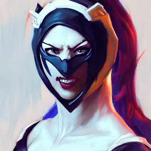 Image similar to greg manchess portrait painting of jade from mortal kombat wearing a half mask as overwatch character, medium shot, asymmetrical, profile picture, organic painting, sunny day, matte painting, bold shapes, hard edges, street art, trending on artstation, by huang guangjian and gil elvgren and sachin teng