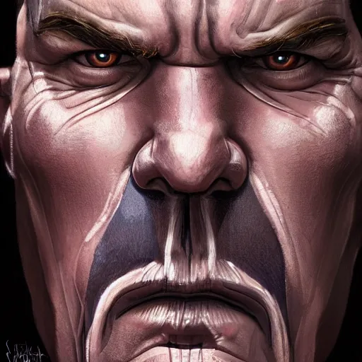 Image similar to josh brolin thanos closeup portrait, dramatic light, lake background, 2 0 0 mm focal length, painted by stanley lau, painted by greg rutkowski, painted by stanley artgerm, digital art, trending on artstation