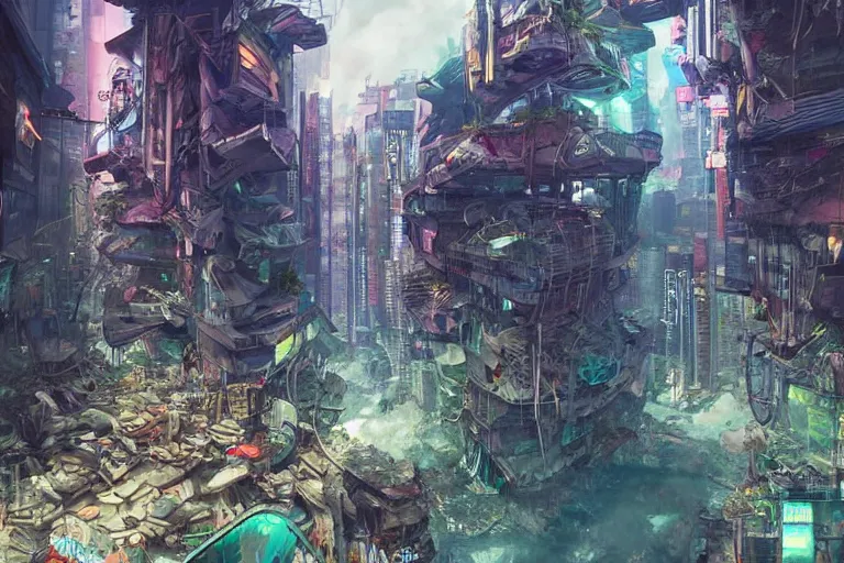 Prompt: a cyberpunk city in ruins, jungle plants overgrowing the streets and buildings, cats!! run through the ruins, drinking from pools of water and climbing on old fallen signs, by artgerm and amano and rutkowski and kincaid, trending on artstation