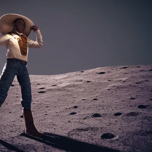 Image similar to cowboy on the moon, standing pose, planet earth background, photorealistic, octane render, blender render, dynamic lighting