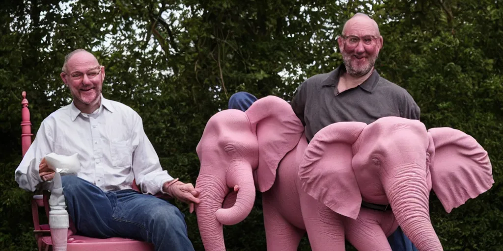 Image similar to Photo of a man on a chair with his pink miniature elephant on his lap