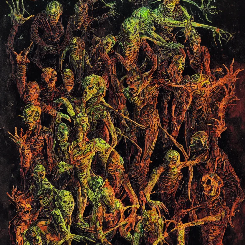 Image similar to reptile mummy monsters in a glowing ancient tomb. pulp sci - fi horror by basil gogos, vincent difate, sanjulian, and emsh. dark background