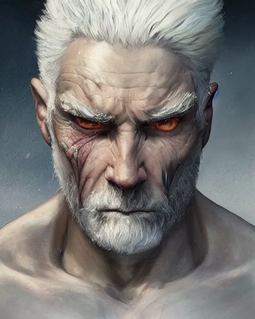 Image similar to old shaved man with white hair with a big scar on his blind left eye, very masculine, square jaw, hard edges, wrath, muscles, ethereal, science fiction, supervilain, fantasy art by greg rutkowski and magali villeneuve and claude monet