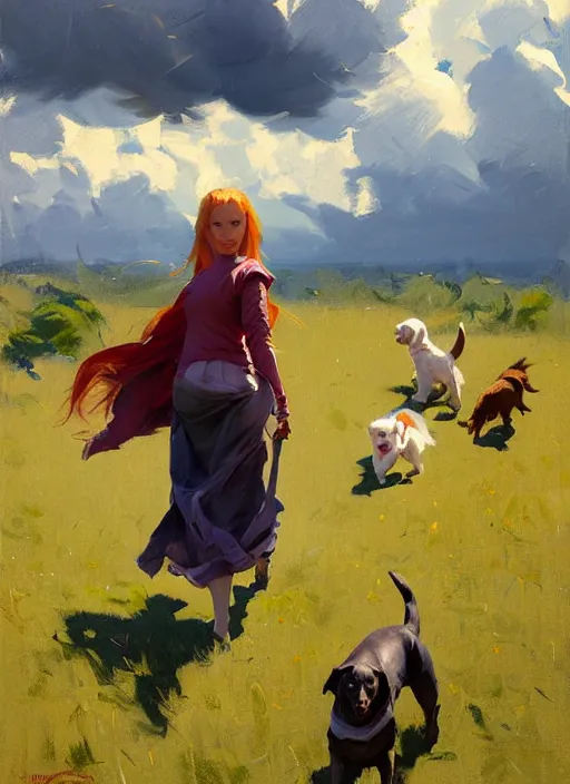 Image similar to Greg Manchess painting of Zero Two in casual wear out playing with the dogs, countryside, fantasy character portrait, dynamic pose, above view, sunny day, thunder clouds in the sky, artwork by Jeremy Lipkin and Giuseppe Dangelico Pino and Michael Garmash and Rob Rey, very coherent asymmetrical artwork, sharp edges, perfect face, simple form, wacky, 100mm