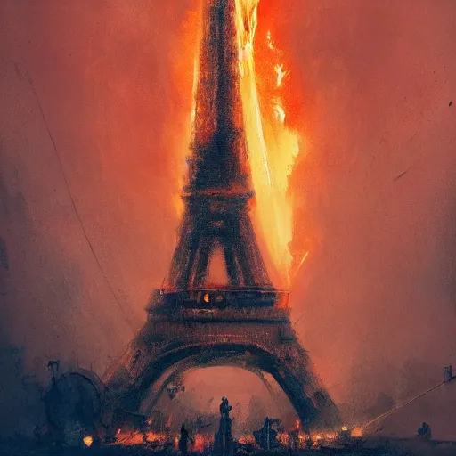 Prompt: the eiffel tower on fire, flames, burning, cinematic, art by greg rutkowski, trending on artstation