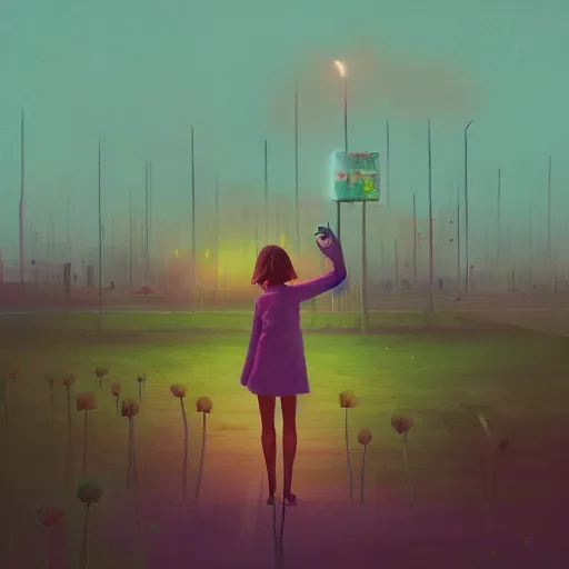 Image similar to huge daisy flower head, woman in modern city, surreal photography, night light, dark, impressionist painting, digital painting, artstation, simon stalenhag