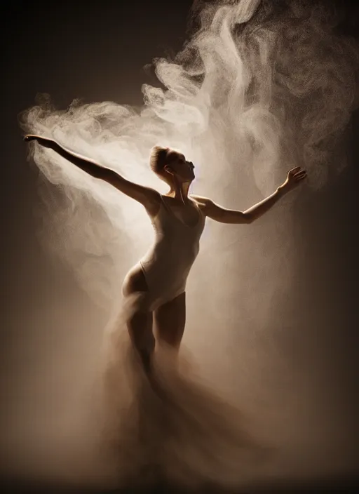 Image similar to a Photorealistic dramatic hyperrealistic render of a beautiful Female smoke dancer by Ken Brower and Deborah Ory of NYC Dance project,Lois Greenfield,Flowing cloth and smoke,Beautiful dynamic dramatic dark moody lighting,volumetric,shadows,cinematic atmosphere,Octane render,8K