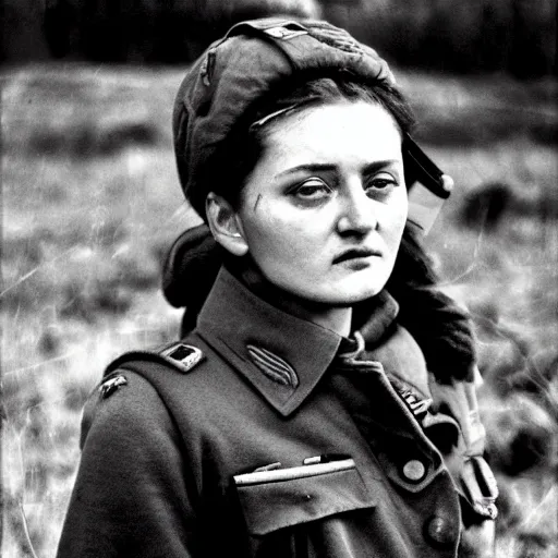 Image similar to Lyudmila Pavlichenko, young female Soviet sniper, photography by Annie Leibovitz