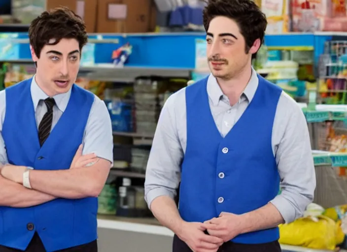 Image similar to film still of ben feldman!!! as jonah simms wearing his blue vest uniform, in superstore, 2 0 1 5