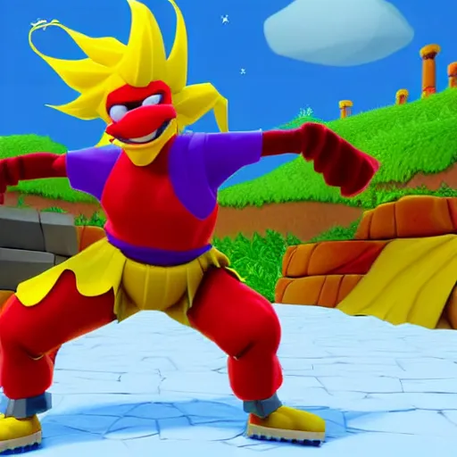 Image similar to image of ronald mcdonald, red afro, red nose and yellow outfit as an enemy in spyro the dragon video game, with low poly playstation 1 graphics, upscaled to high resolution