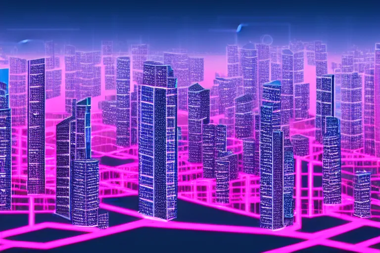 Prompt: an intricate circuit board cybercity of futuristic neon pink and blue skyscrapers on the edge of a giant lake at night,