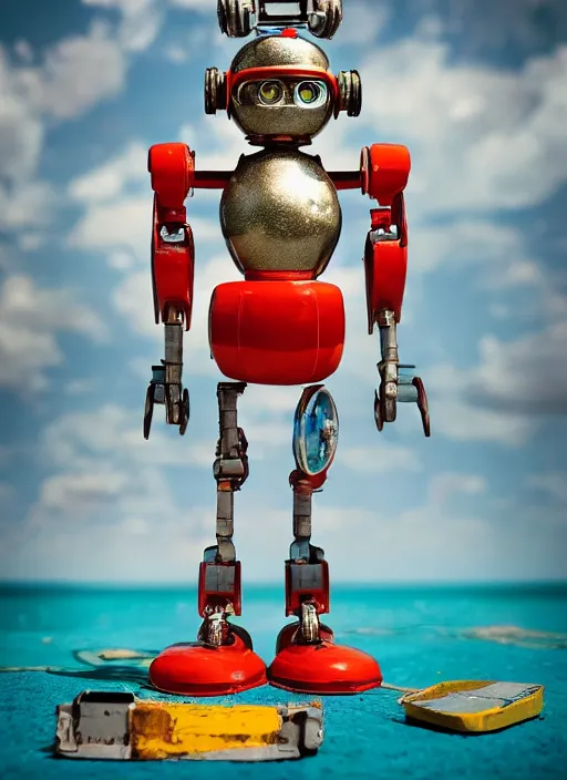 Image similar to portrait of a retro 1 9 5 0 s tin toy robot spacegirl wearing a bikini, depth of field, zeiss lens, detailed, symmetrical, centered, fashion photoshoot, by nicoletta ceccoli, mark ryden, lostfish, breathtaking, 8 k resolution, extremely detailed, beautiful, establishing shot, artistic, hyperrealistic, octane render