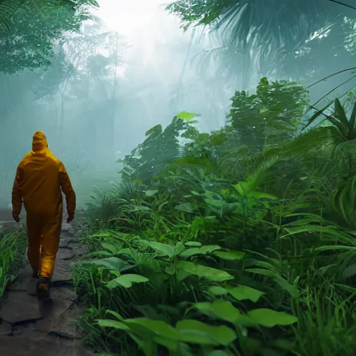 Image similar to a man wearing a hazmat suit, walking through a lush jungle, unreal engine 5, ray traced, god rays, extremely high detail