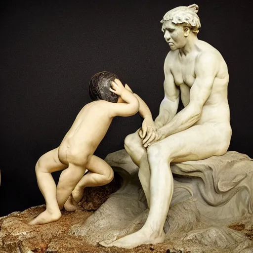 Prompt: photograph of an HR Geiger statue of Francisco Goya's Saturno devorando a su hijo, extremely detailed, background is a low light museum, 4k