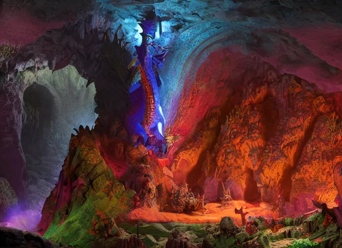 Prompt: colorful and vibrant and provenance detailed octane render of a dragon cave and diorama of moria, balrog, gandalf, skyrim, detailed, by joop geesink, wes anderson, jim henson, brian froud, breathtaking, 8 k resolution, beautiful lighting, studio light, extremely detailed, establishing shot, realistic materials, hyperrealistic