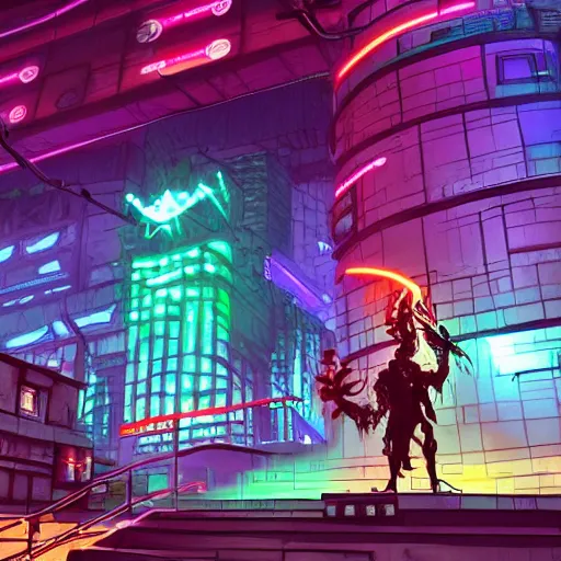 Prompt: 2 orcs in a fantasy cyberpunk city with neon lights