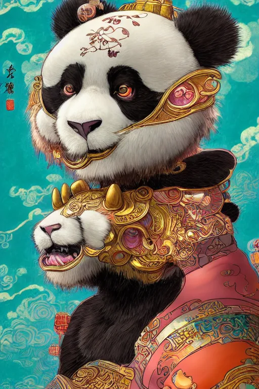 Image similar to a beautiful hyperdetailed character design of a cute panda with a chinese lion dance head victo ngai cyberpunk style, from china, style of studio ghibli, makoto shinkai, raphael lacoste, louis comfort tiffany, artgerm, james jean, ross tran, chinese style