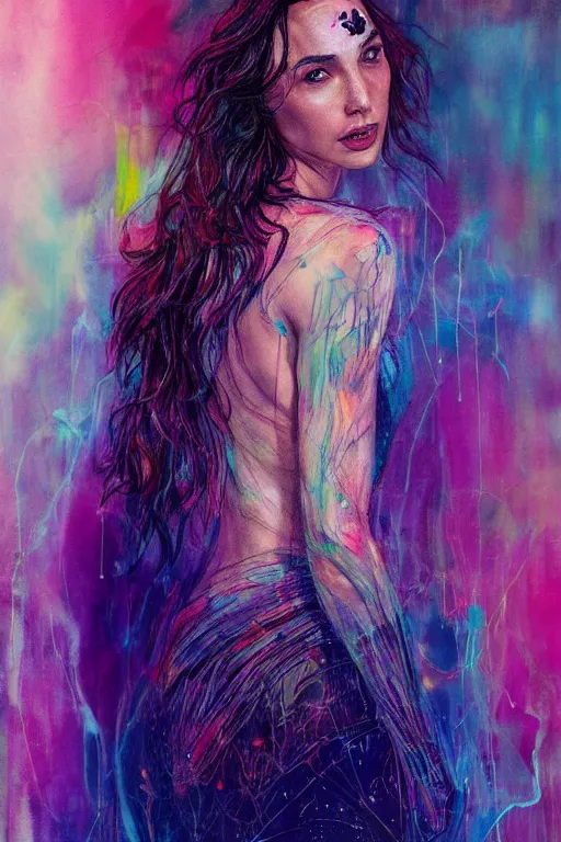 Image similar to gal gadot by agnes cecile enki bilal moebius, intricated details, 3 / 4 back view, full body portrait, extremely luminous bright design, pastel colours, drips, autumn lights