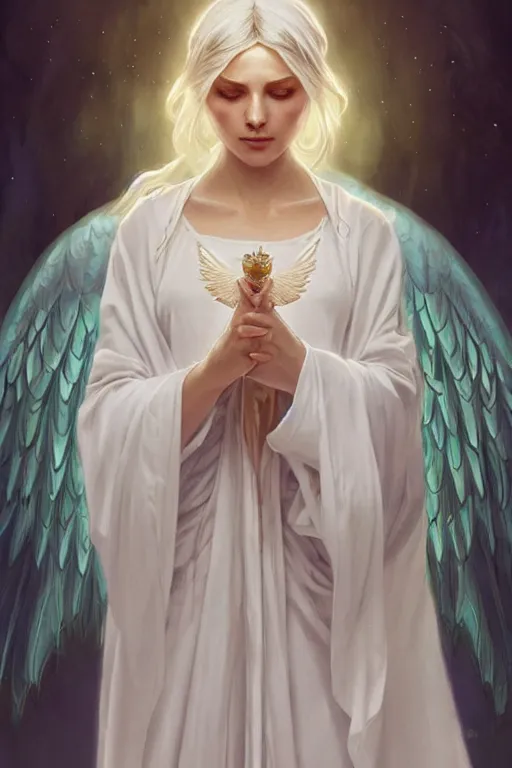 Prompt: beautiful angel in white robes, D&D, face, fantasy, intricate, elegant, highly detailed, digital painting, artstation, concept art, smooth, sharp focus, illustration, art by artgerm and greg rutkowski and alphonse mucha