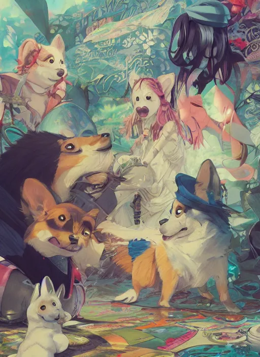 Image similar to beautiful fantasy painting scene of anime hiphop summer corgi party, by Kenne Gregoire, James Jean, Tran Nguyen, WLOP, Jakub Rebelka. trending on Artstation, 8k, masterpiece, chill summer, graffiti paint, fine detail, full of color, intricate detail, golden ratio illustration