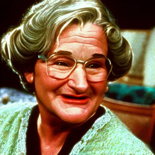 Prompt: robin williams dressed as mrs doubtfire in the movie mrs doubtfire ( 1 9 9 3 ), movie still, realistic, 4 k,