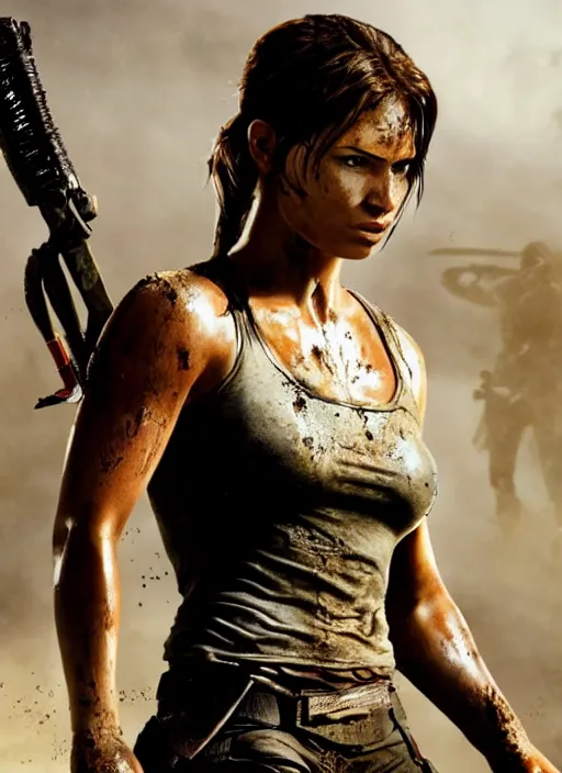 Image similar to a film still of lara croft as ninja, her face muddy and sweat, direct sun light, close up potrait, sharp and detail, cinematic,