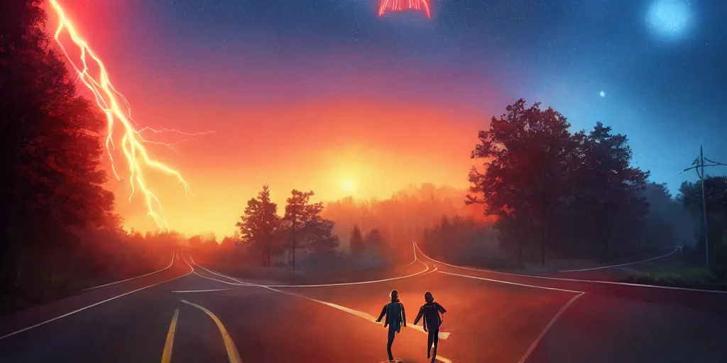 Prompt: i'd be running up that road, be running up that hill,, stranger things, mind flayer, cyberwave, vector graphics, cinematic, photorealistic, artstation, highly detailed, volumetric lighting