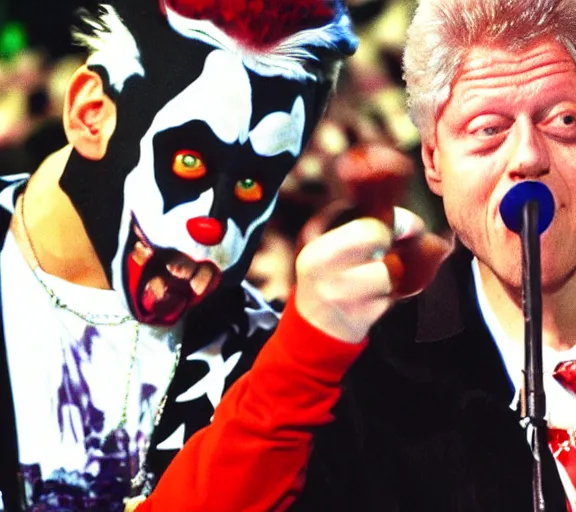 Prompt: color still shot of bill clinton lead singer performing in music group insane clown posse, face closeup