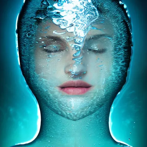 Image similar to water artwork manipulation in the shape of a human head, on the ocean water, futuristic, neon, magma, ray tracing, realistic water sharp focus, long shot, 8 k resolution, cinematic, surreal water art