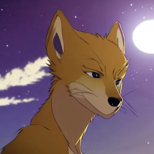 Image similar to modern anime still of beastars jack the anthro male golden retreiver in a boarding school uniform, side view of him, on a moonlit beach at night, official studio anime still