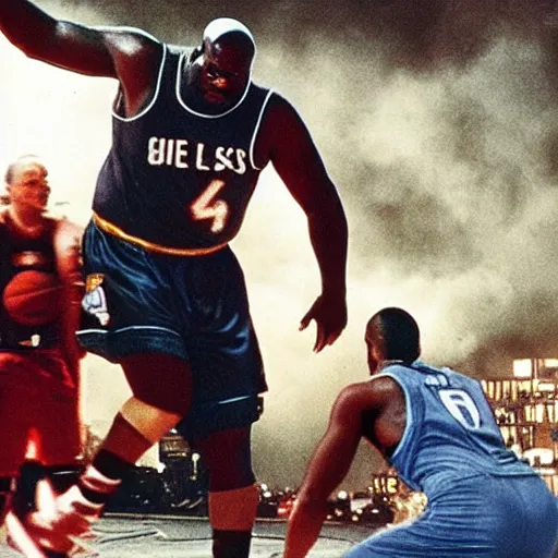 Prompt: shaquille o'neal blocking an attack from godzilla