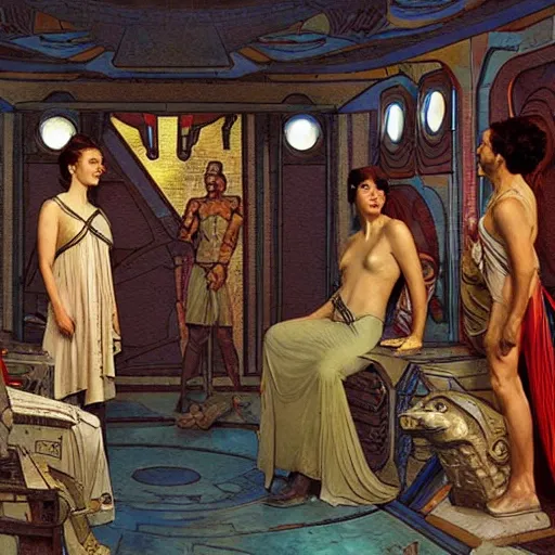 Image similar to STAR TREK in ancient Greece, (SFW) safe for work, photo realistic illustration by greg rutkowski, thomas kindkade, alphonse mucha, loish, norman rockwell