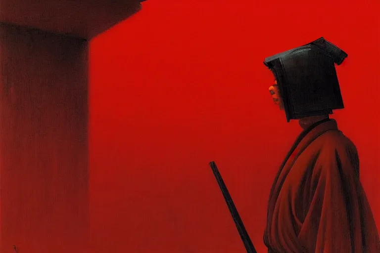 Prompt: only with red, a red samurai harakiri, tokio, a lot of frogs watch, in the style of beksinski, parts by edward hopper, parts by rodcenko, parts by yue minjun, intricate and epic composition, red by caravaggio, insanely quality, highly detailed, masterpiece, red light, artstation, 4 k