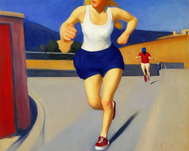 Prompt: blond lady with red and blue sneakers running through israel, running by salsa vendor, oil on canvas by edward hopper