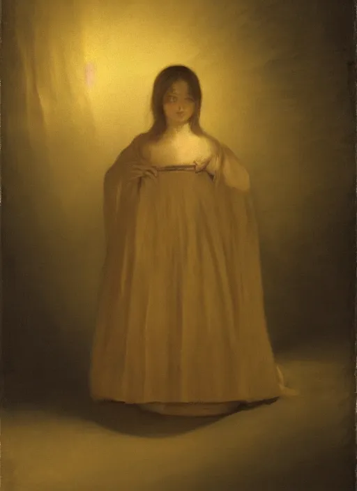 Image similar to shadows in the dark lurking on a lost little girl wearing a gold cloak, backlight, creepy, extremely realistic and highly detailed painting by francisco goya, soft light, gold ratio