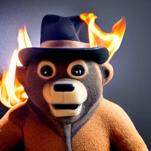 Image similar to UHD candid photo of Smokey The Bear in the lavatory sitting on a porcelain throne, playing with fire, by Annie leibowitz, photorealisitc, extremely detailed