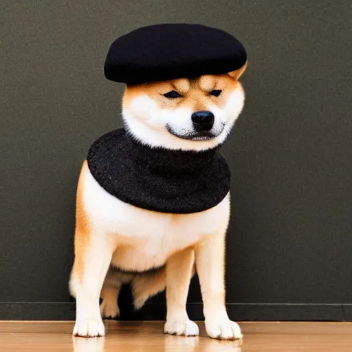 Image similar to A Shiba Inu dog wearing a beret and black turtleneck