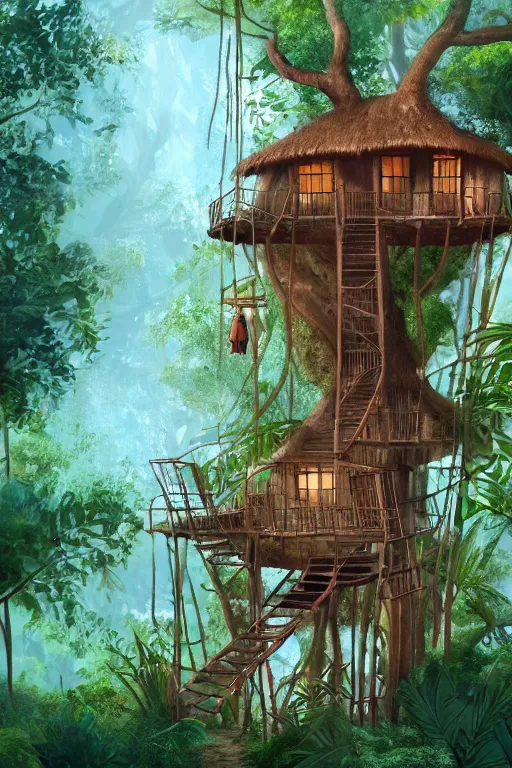 Prompt: a tree house in the jungle, a lady is making food, by alba ballesta gonzalez. 4 k wallpaper, digital 2 d, illustration.