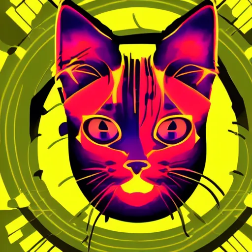 Image similar to a simplified vector based illustration about a cyberpunk kitten, centred face portrait, space colors, smooth and clean vector curves, no jagged lines