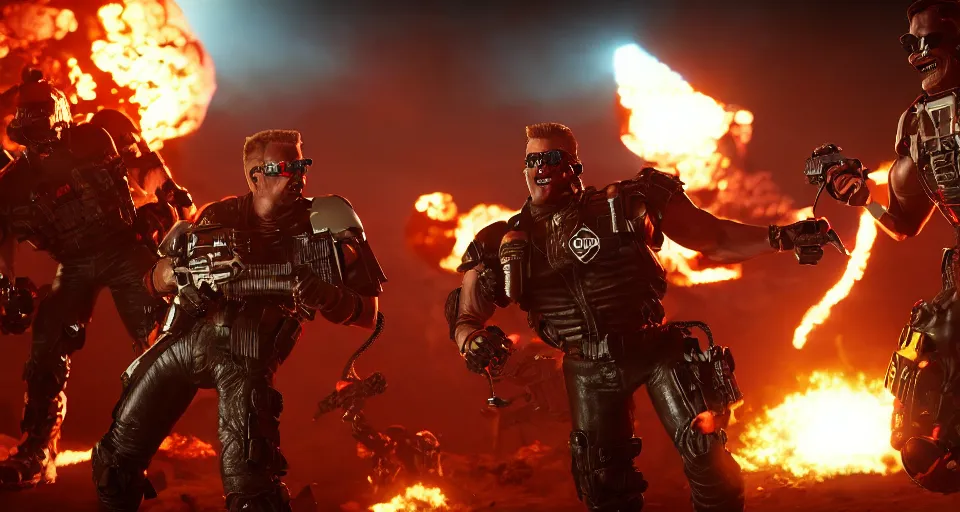 Image similar to Duke Nukem and Serious Sam teaming up to kill alien bastards back-to-back, 3D video game, octane render, depth of field, unreal engine 5, full of color, trending on artstation, ultra high detail, ultra realistic, cinematic, focused, 8k