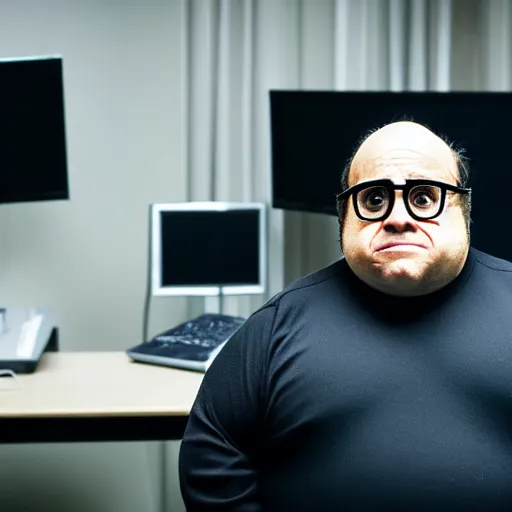 Image similar to obese danny devito as a hacker in the matrix, modelsociety, radiant skin, huge anime eyes, rtx on, perfect face, directed gaze, intricate, sony a 7 r iv, symmetric balance, polarizing filter, photolab, lightroom, 4 k, dolby vision, photography award