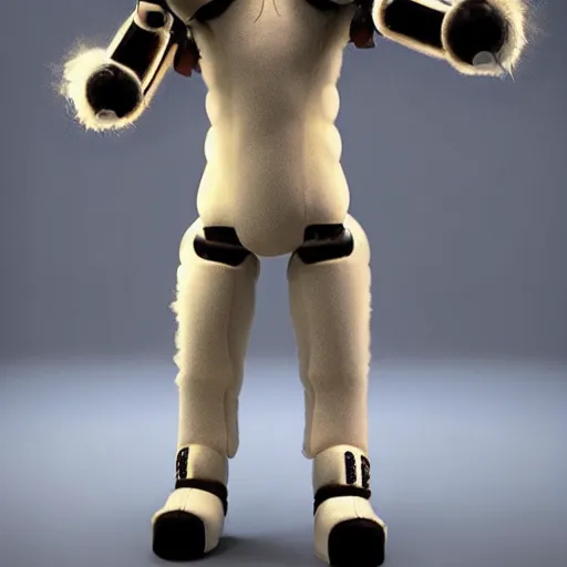 Image similar to Humanoid robot with a wolf tail wearing a hyperrealistic wolf fursuit, extremely detailed, natural lighting, volumetric lighting, synthwave