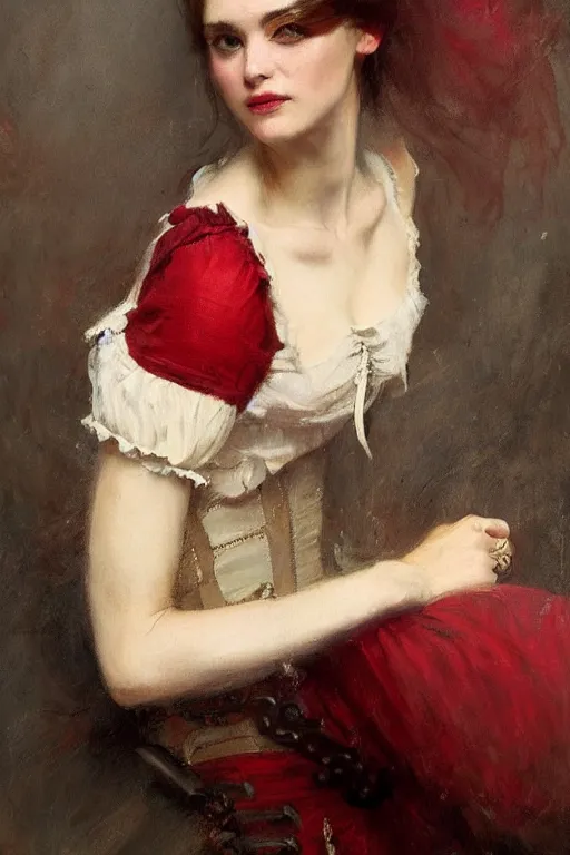 Image similar to Solomon Joseph Solomon and Richard Schmid and Jeremy Lipking victorian genre painting full length portrait painting of a young beautiful woman traditional german french fashion model pirate wench in fantasy costume, red background