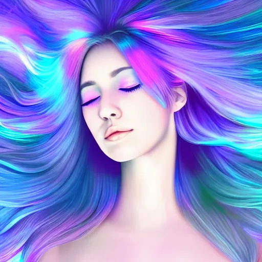 Image similar to portrait of a beautiful girl with iridescent translucent hair, her eyes are closed, hair is floating, digital art, ethereal, dim lighting