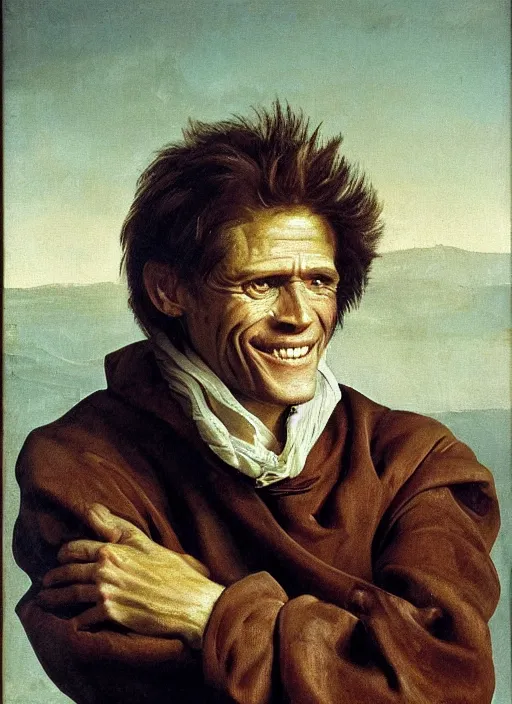 Image similar to portrait painting of willem dafoe with stubble smiling warmly, renaissance oil painting, studious chiaroscuro