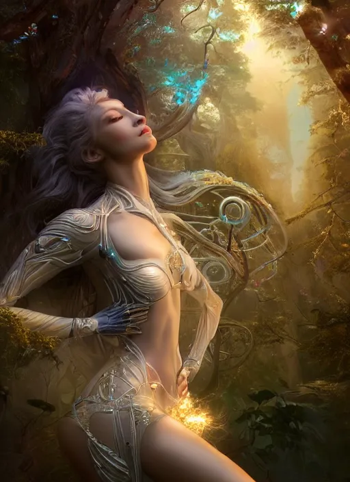 Prompt: beauteous practical sumptuous biomechanical with incredible iridescent pearlescent voluminous hair, crystalline masterpiece incrustations, hyperdetailed face, elegant pose, movie still, cinematic forest lighting, intricate accuracy, octane render, cgsociety, artgerm, unreal engine, crepuscular rays, god rays